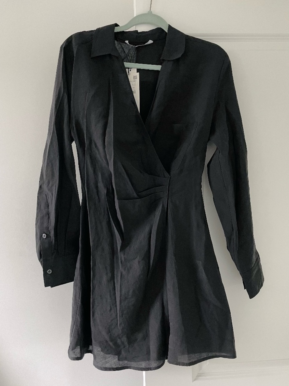 Zara NWT Black Collared Wrap Mini Dress with Long Sleeves S